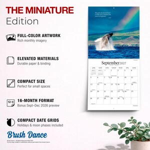 May include: A wall calendar titled The Miniature Edition featuring a 16-month format with a September 2027 page showing a whale breaching in the ocean under a rainbow. The calendar includes monthly imagery, date grids with holidays, and moon phases.
