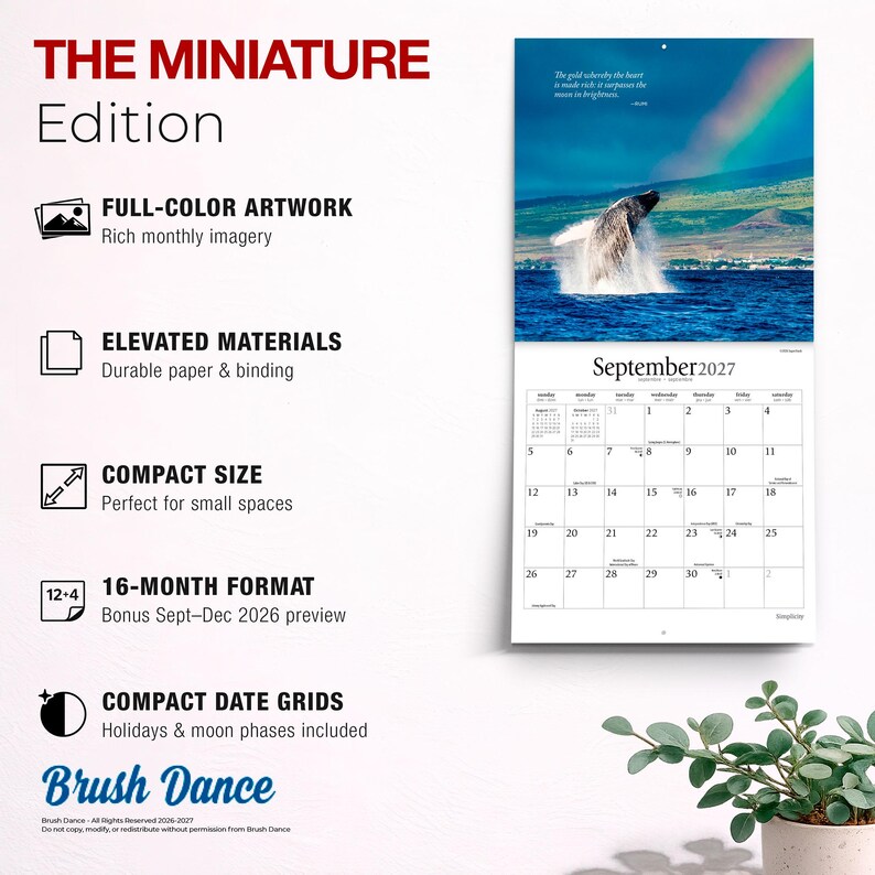 May include: A wall calendar titled The Miniature Edition featuring a 16-month format with a September 2027 page showing a whale breaching in the ocean under a rainbow. The calendar includes monthly imagery, date grids with holidays, and moon phases.