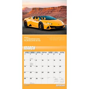 May include: A 2027 wall calendar featuring a yellow Lamborghini Hurac&aacute;n Evo sports car. The page displays the month of March with a grid of dates. Text includes 2021 LAMBORGHINI HURAC&Aacute;N EVO, 0-100 KPH: 2.9 seconds, MAX POWER: 640 CV, TOP SPEED: 325 KPH.