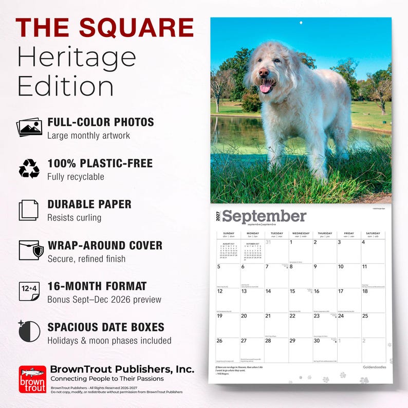 K&ouml;nnte beinhalten: Ein Wandkalender f&uuml;r 2027 mit dem Titel The Square Heritage Edition, der ein Foto eines hellen Goldendoodle-Hundes zeigt, der im Gras an einem Teich steht. Der Kalender umfasst ein 16-Monats-Format und ger&auml;umige Datumsfelder.