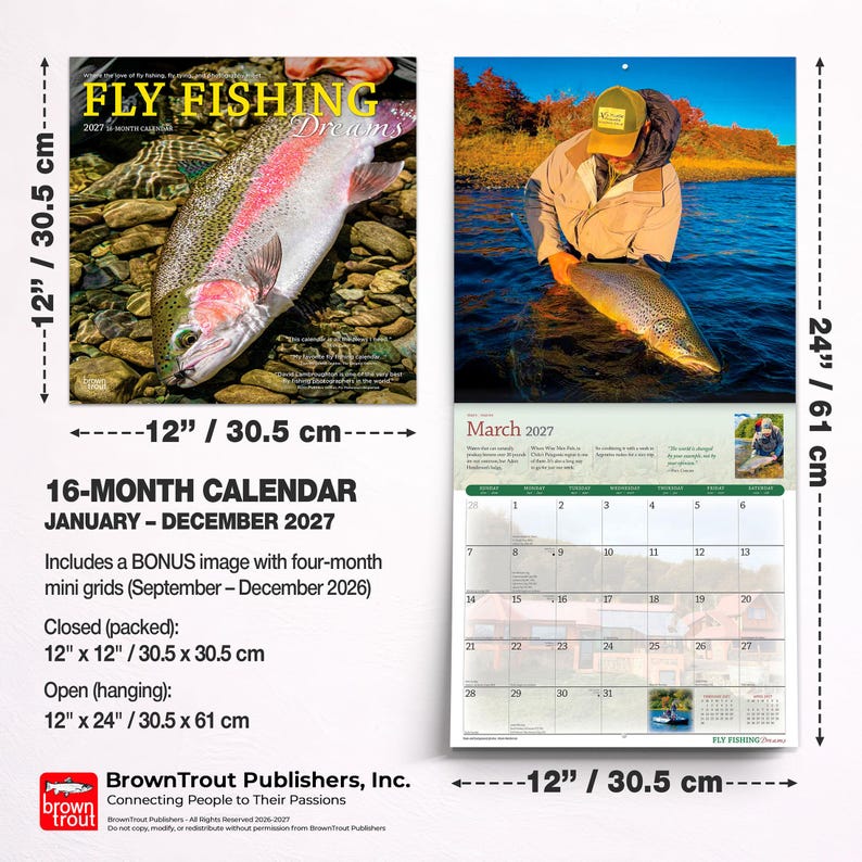 Puede incluir: Un calendario de 16 meses Fly Fishing Dreams 2027 que mide 30,5 cm por 30,5 cm cerrado y 30,5 cm por 61 cm abierto. La portada muestra una trucha arco&iacute;ris sobre rocas, mientras que el interior muestra una cuadr&iacute;cula de marzo de 2027.