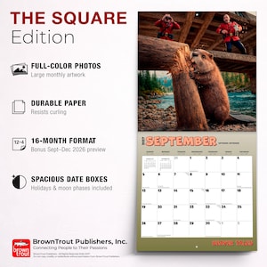 May include: A 2027 wall calendar titled The Square Edition featuring a beaver chewing on a log with two people in red uniforms in the background. The calendar includes full-colour photos, durable paper, a 16-month format, and spacious date boxes.