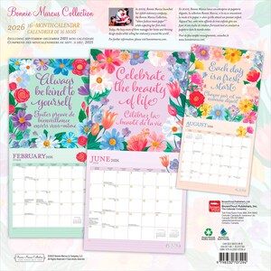 Puede incluir: Un calendario de 16 meses de 2026 de la colecci&oacute;n Bonnie Marcus. El calendario presenta dise&ntilde;os florales y citas inspiradoras. Los meses mostrados incluyen febrero, junio y agosto. Incluye minicalendarios de septiembre a diciembre de 2025.