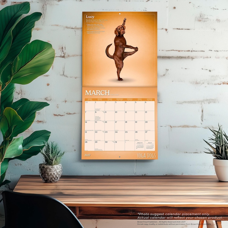 Puede incluir: Un calendario de pared con un perro marr&oacute;n en una postura de yoga. El calendario tiene un fondo naranja claro con el mes de marzo. El texto "YOGA DOGS" est&aacute; en la parte inferior. El a&ntilde;o 2027 tambi&eacute;n es visible.