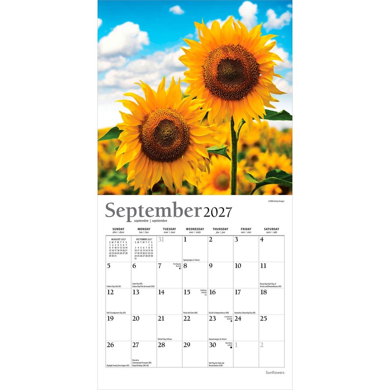 Puede incluir: Un calendario de pared para septiembre de 2027 con una fotograf&iacute;a de dos grandes girasoles amarillos en plena floraci&oacute;n contra un cielo azul brillante con nubes blancas. La cuadr&iacute;cula del calendario muestra el mes, los d&iacute;as y las fechas.
