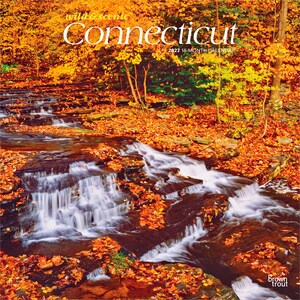 K&ouml;nnte beinhalten: Ein 16-Monats-Kalender f&uuml;r 2027 mit dem Titel Wild & Scenic Connecticut, der ein Foto eines kaskadierenden Bachs umgeben von leuchtend orangefarbenem und gelbem Herbstlaub zeigt. Der Text enth&auml;lt den Titel, das Jahr und den Namen Brown Trout.