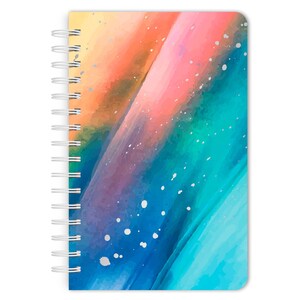 May include: A spiral bound notebook with a colorful abstract design. The cover features a watercolor-like pattern with shades of blue, green, pink, and orange. White splatters are scattered across the cover.