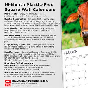 K&ouml;nnte beinhalten: Ein quadratischer 16-Monats-Wandkalender mit dem Text "16-Month Plastic-Free Square Wall Calendars". Der Kalender zeigt ein Foto einer Kuh und eine Kalenderseite f&uuml;r M&auml;rz 2026. Der Kalender ist 30,5 cm x 30,5 cm geschlossen.