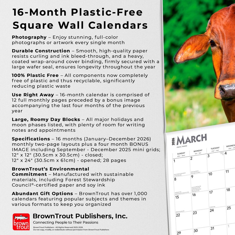 K&ouml;nnte beinhalten: Ein quadratischer 16-Monats-Wandkalender mit dem Text "16-Month Plastic-Free Square Wall Calendars". Der Kalender zeigt ein Foto einer Kuh und eine Kalenderseite f&uuml;r M&auml;rz 2026. Der Kalender ist 30,5 cm x 30,5 cm geschlossen.