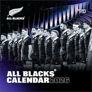 May include: A 2026 calendar featuring the All Blacks rugby team. The image shows a group of players in black uniforms with white collars, standing in a row. The All Blacks logo and the words "ALL BLACKS CALENDAR 2026" are displayed in white text.