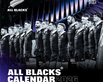 Calendario de pared mensual cuadrado OFICIAL de los All Blacks / 2026, 30 x 60 cm (para colgar) / Sin plástico / BrownTrout / Rugby