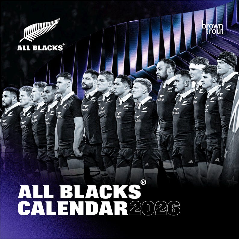 May include: A 2026 calendar featuring the All Blacks rugby team. The image shows a group of players in black uniforms with white collars, standing in a row. The All Blacks logo and the words "ALL BLACKS CALENDAR 2026" are displayed in white text.