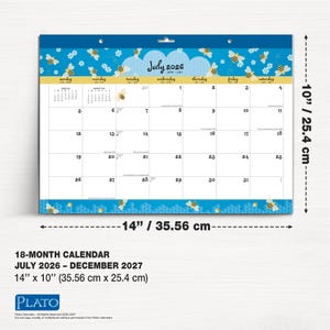 May include: An 18-month wall calendar, measuring 35.56 cm by 25.4 cm, showing the July 2026 calendar. The design features a blue border with bees and honeycomb patterns. The calendar covers the period from July 2026 to December 2027.