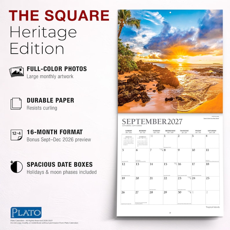 May include: A 16-month wall calendar titled THE SQUARE Heritage Edition, featuring a full-color photograph of a tropical sunset over a rocky beach for September 2027. The calendar includes spacious date boxes, moon phases, and holiday markers.