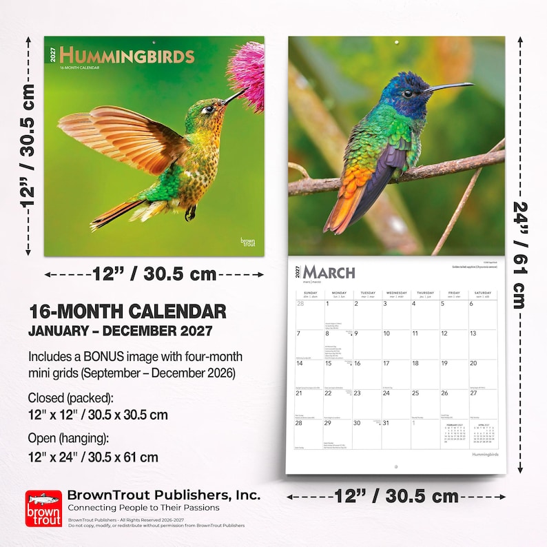 K&ouml;nnte beinhalten: Ein 16-Monats-Kalender 2027 mit Kolibris. Der Kalender zeigt Bilder von Kolibris. Geschlossen misst der Kalender 30,5 x 30,5 cm. Ge&ouml;ffnet misst er 30,5 x 61 cm.