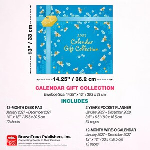 May include: A 2027 Calendar Gift Collection set featuring a blue envelope with a bee and flower pattern. The envelope measures 14.25 inches by 13 inches. The set includes a 12-month desk pad, a 2-year pocket planner, and a 12-month wire-o calendar.
