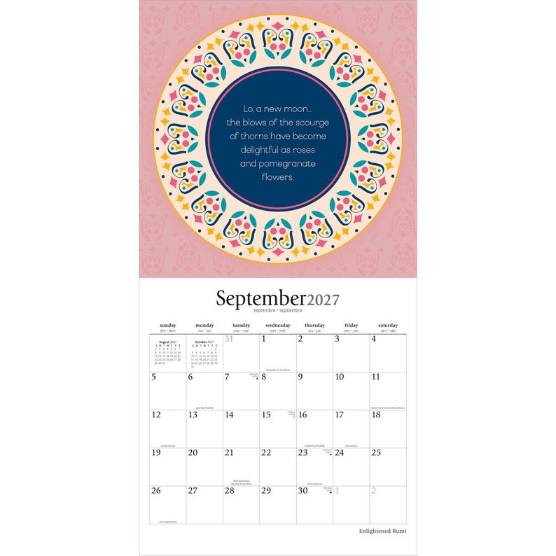 Op de afbeelding: Een wandkalenderpagina voor september 2027 met een cirkelvormige decoratieve rand met roze, blauwe en gele patronen rondom de tekst: Lo, a new moon... the blows of the scourge of thorns have become delightful as roses and pomegranate flowers.