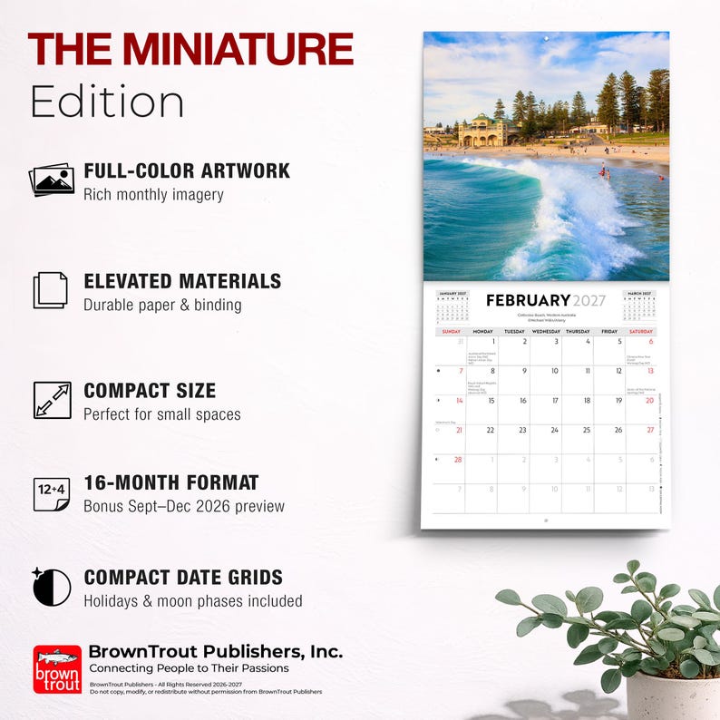 May include: A wall calendar titled The Miniature Edition featuring a February 2027 grid and a photograph of a beach with crashing waves. The text lists features including full-color artwork, durable materials, a 16-month format, and date grids.