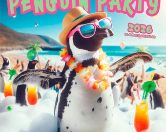 Penguin Party | 2026 12 x 24 Inch (Hanging) Monthly Square Wall Calendar | Plastic-Free | BrownTrout | Pets Funny Animals Birds