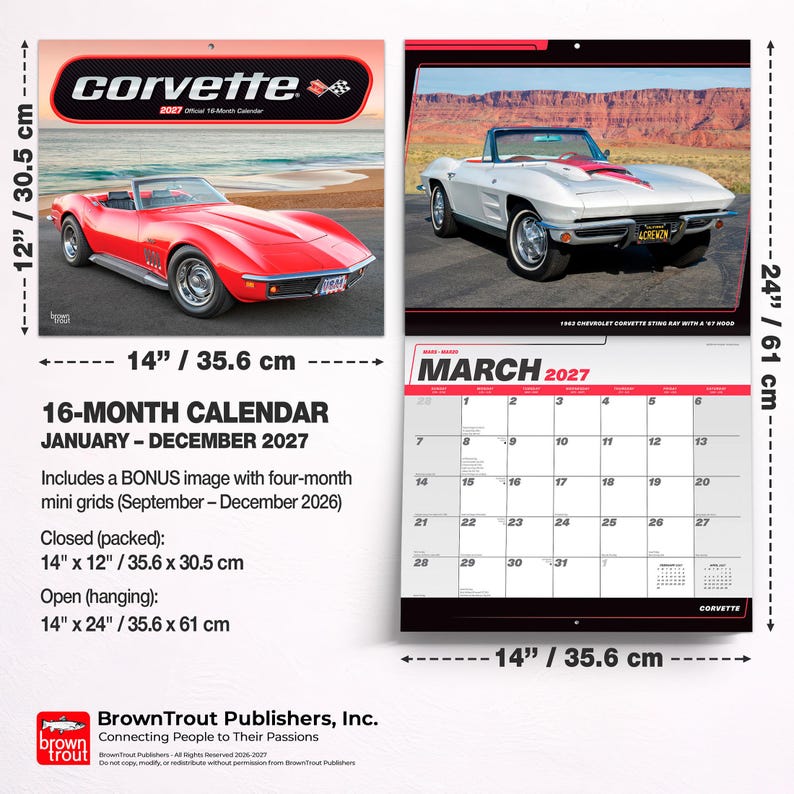 Peut inclure: Un calendrier mural Corvette de 16 mois pour 2027, mesurant 30,5 cm sur 35,6 cm ferm&eacute; et 61 cm sur 35,6 cm ouvert. Il pr&eacute;sente un cabriolet rouge sur la couverture, un cabriolet blanc &agrave; l'int&eacute;rieur et une grille de mars 2027 avec des accents rouges.