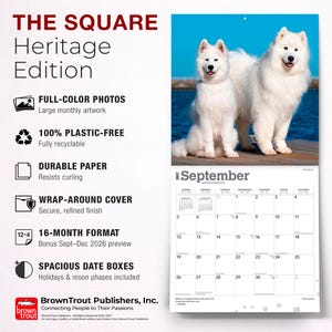 Puede incluir: Un calendario de pared 2027 titulado The Square Heritage Edition con perros Samoyedo en la portada. El calendario incluye fotos a todo color, un formato de 16 meses y espaciosas casillas para fechas. La p&aacute;gina de septiembre muestra una cuadr&iacute;cula.