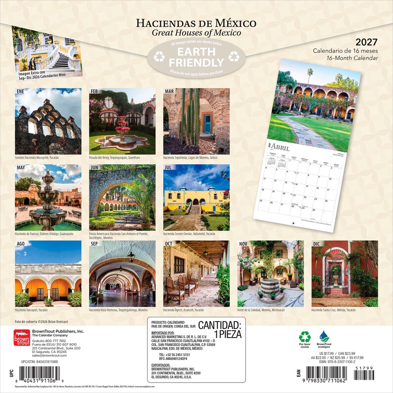 May include: A 2027 16-month wall calendar titled Haciendas de M&eacute;xico, Great Houses of Mexico. The back cover displays twelve monthly images of historic Mexican estates, including fountains, courtyards, and stone architecture, with a sample calendar page.