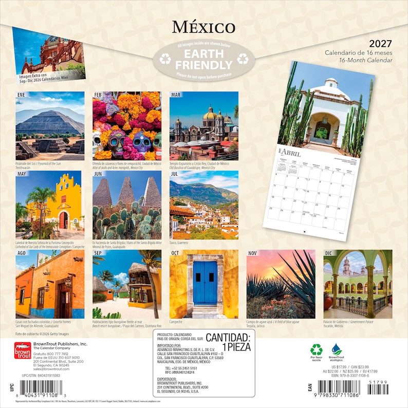 K&ouml;nnte beinhalten: Ein 16-monatiger Mexiko-Wandkalender f&uuml;r 2027 mit einer Sammlung von Fotografien, die verschiedene mexikanische Wahrzeichen, Architektur und Landschaften zeigen, darunter die Sonnenpyramide, Agavenfelder und farbenfrohe Kolonialgeb&auml;ude.
