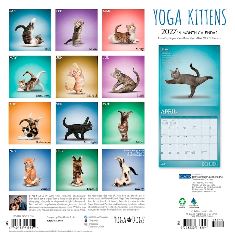 Puede incluir: Un calendario de pared Yoga Kittens 2027 de 16 meses con doce cuadrados individuales que muestran gatitos en varias posturas de yoga, cada uno etiquetado con un nombre. El lado derecho muestra una p&aacute;gina de muestra de abril con un gatito gris.