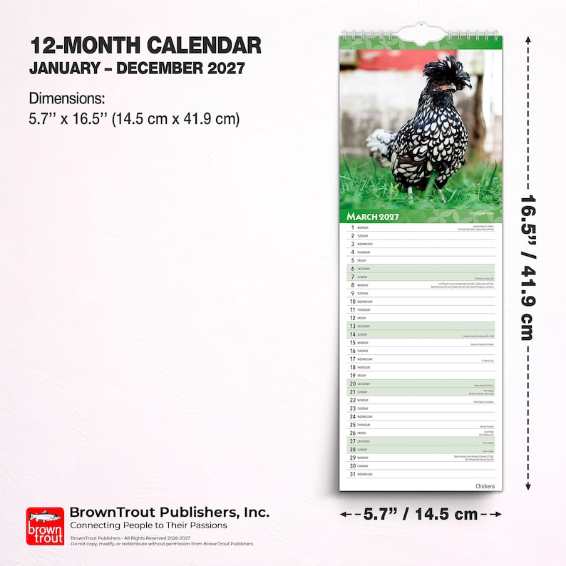 Op de afbeelding: Een 12-maandenkalender van januari tot december 2027 met een zwart-wit gespikkelde kip op de pagina van maart. De kalender meet 14,5 cm bij 41,9 cm en bevat een spiraalbinding aan de bovenkant om aan de muur op te hangen.