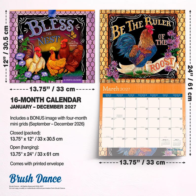 Op de afbeelding: Een 16-maanden wandkalender voor 2027 met illustraties van hanen en kippen. De gesloten afmeting is 33 cm bij 30,5 cm en de open afmeting is 33 cm bij 61 cm. Inclusief een bonus mini-rooster voor eind 2026 en een bedrukte envelop.