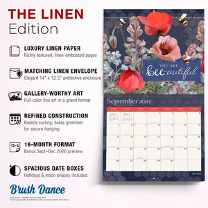 May include: A 16-month wall calendar titled The Linen Edition featuring floral artwork with poppies and bees. The page displays September 2021 with a grid of date boxes, a brass hanging grommet, and text including You Are bee-autiful and 14" x 12.5".
