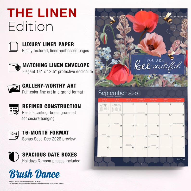 May include: A 16-month wall calendar titled The Linen Edition featuring floral artwork with poppies and bees. The page displays September 2021 with a grid of date boxes, a brass hanging grommet, and text including You Are bee-autiful and 14" x 12.5".