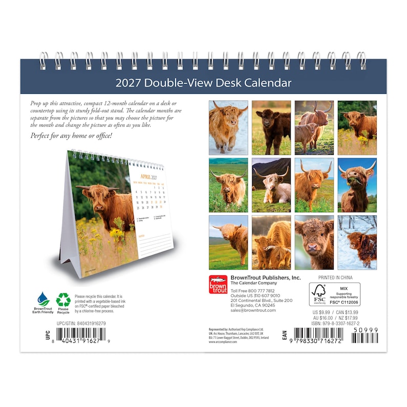 May include: A 2027 Double-View Desk Calendar featuring a spiral-bound design with a fold-out stand. The cover displays twelve distinct photographs of Highland cattle in various outdoor settings, alongside a sample page showing an April calendar.