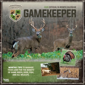 May include: A 2026 Gamekeeper 16-month calendar featuring two deer in a natural setting. The calendar includes images of a turkey, a dog, and ducks. Text on the calendar reads "Monthly tips to manage your land for the benefit of game birds, deer, fish, and all wildlife."