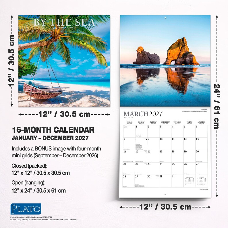 May include: A 16-month wall calendar titled BY THE SEA for 2027, measuring 30.5 cm by 30.5 cm closed and 30.5 cm by 61 cm open. It features coastal photography, including a beach swing and rock formations, with a March 2027 grid page.