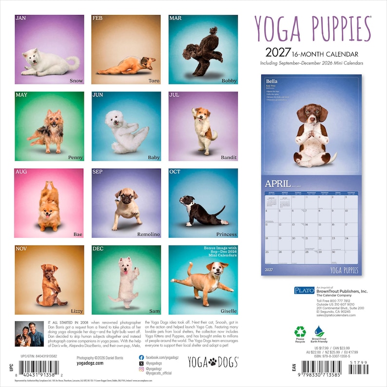 K&ouml;nnte beinhalten: Ein 16-monatiger Yoga Puppies Wandkalender f&uuml;r 2027 mit zw&ouml;lf einzelnen quadratischen Bildern von Welpen in verschiedenen Yoga-Posen, jeweils mit Namen und Monat beschriftet. Die rechte Seite zeigt ein April-Kalenderblatt mit Foto.