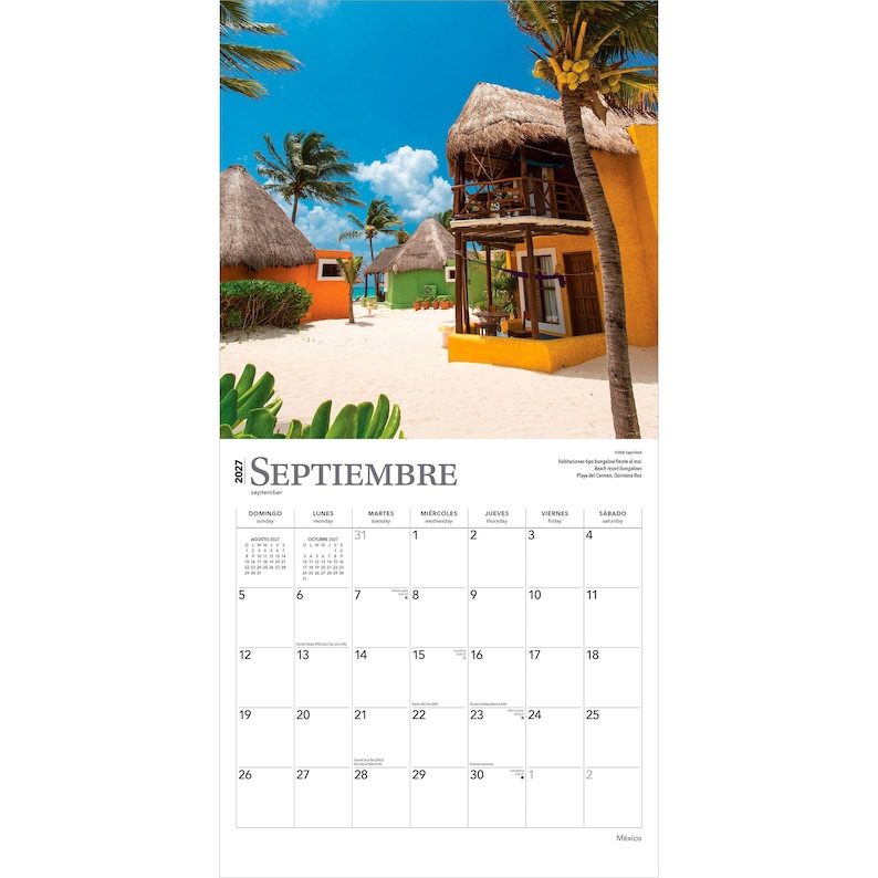 K&ouml;nnte beinhalten: Ein Wandkalenderblatt f&uuml;r September 2027 mit einem Foto von tropischen Strandbungalows mit Strohd&auml;chern, leuchtend orangefarbenen und gr&uuml;nen W&auml;nden und Palmen vor blauem Himmel, sowie einem Kalenderraster f&uuml;r den Monat.