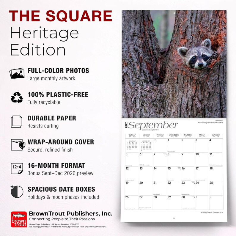 K&ouml;nnte beinhalten: Ein Wandkalender 2027 mit dem Titel THE SQUARE Heritage Edition, der im September einen Waschb&auml;ren in einem Baumloch zeigt. Die Produktdetails umfassen Farbfotos, plastikfreies Papier, einen Umschlag und ger&auml;umige Datumsfelder f&uuml;r Notizen.