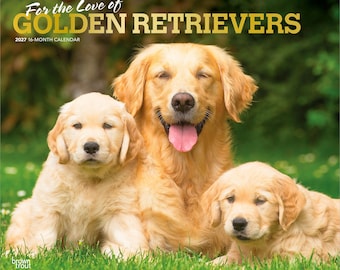 Calendrier mural mensuel de luxe 2027 « Pour l’amour des Golden Retrievers » 35,5 x 61 cm (à suspendre) | Couverture estampée à chaud | Sans plastique | Brun truite