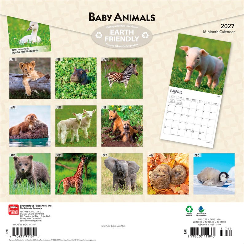 Pode incluir: Um calend&aacute;rio de parede de 16 meses para 2027 intitulado Baby Animals, apresentando v&aacute;rios animais jovens, incluindo um filhote de le&atilde;o, um filhote de zebra, um leit&atilde;o, uma lontra, um cordeiro, uma raposa, um urso, uma girafa e um pinguim.