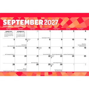 Puede incluir: Una p&aacute;gina de calendario de pared para septiembre de 2027 con un vibrante patr&oacute;n geom&eacute;trico de rayos de sol en rojo y naranja en la parte superior e inferior. La cuadr&iacute;cula muestra las fechas del 1 al 30, con calendarios de referencia en la esquina superior.