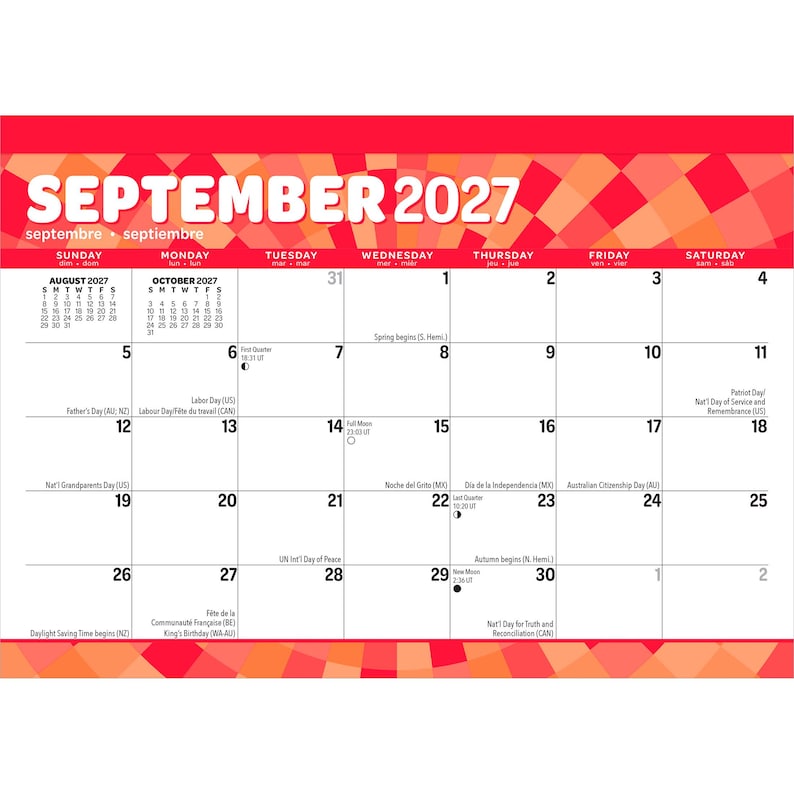 Puede incluir: Una p&aacute;gina de calendario de pared para septiembre de 2027 con un vibrante patr&oacute;n geom&eacute;trico de rayos de sol en rojo y naranja en la parte superior e inferior. La cuadr&iacute;cula muestra las fechas del 1 al 30, con calendarios de referencia en la esquina superior.
