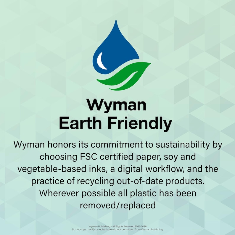 Peut inclure: Logo avec une goutte d'eau bleue et une feuille verte, avec le texte "Wyman Earth Friendly". Le texte d&eacute;crit l'engagement de Wyman envers la durabilit&eacute;, utilisant du papier FSC, des encres de soja, un flux de travail num&eacute;rique et le recyclage.