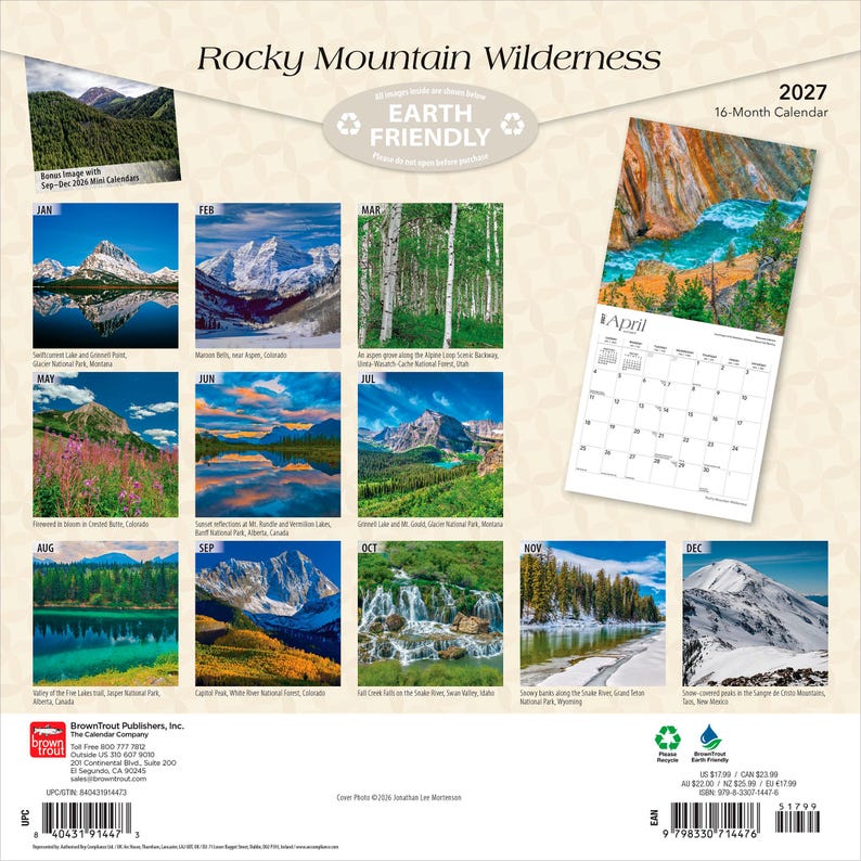 May include: A 2027 16-month wall calendar titled Rocky Mountain Wilderness, featuring twelve landscape photographs of mountains, forests, and rivers. The back cover displays thumbnail images for each month, a sample April page, and a barcode.