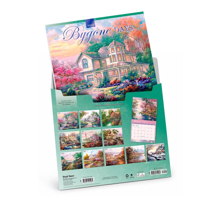 May include: A 2027 Bygone Days wall calendar featuring a large illustration of a Victorian house on the cover. The back displays twelve smaller landscape paintings representing each month, with a sample calendar page for February visible.