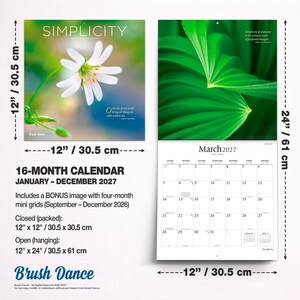 May include: A 16-month wall calendar titled Simplicity, spanning January to December 2027. It measures 30.5 cm by 30.5 cm closed and 30.5 cm by 61 cm open. The cover features a white flower, while the interior shows a March 2027 grid.