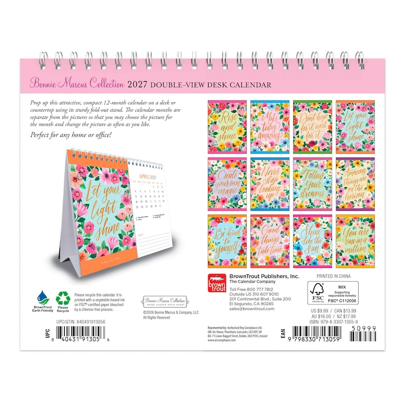 May include: A 2027 Bonnie Marcus Collection double-view desk calendar with a spiral binding. The calendar features floral-themed pages with inspirational text, a fold-out stand, and a grid layout for monthly planning on a white background.