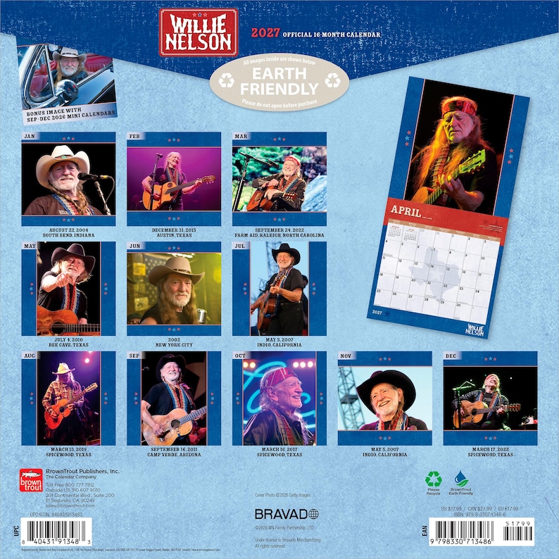Op de afbeelding: 2027 offici&euml;le 16-maandenkalender van Willie Nelson. Bevat afbeeldingen van Willie Nelson die live optreden, met een bonusafbeelding en een minikalender voor september-december 2026. Milieuvriendelijk product.