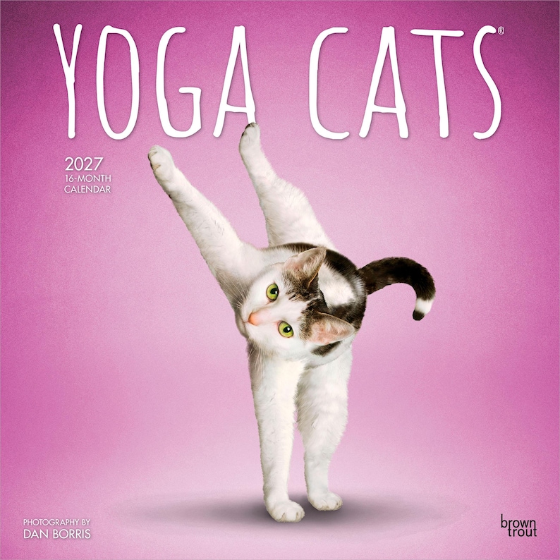 May include: A 2027 16-month calendar titled "Yoga Cats" shows a white and brown cat in a yoga pose against a pink background. The cat has green eyes and is bending over backward. The calendar is from BrownTrout.