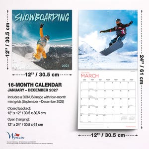 Puede incluir: Un calendario de pared de 16 meses para 2027 con fotograf&iacute;as de snowboard. El calendario cerrado mide 30,5 cm por 30,5 cm, y el calendario abierto mide 30,5 cm por 61 cm. Incluye una cuadr&iacute;cula adicional para finales de 2026.